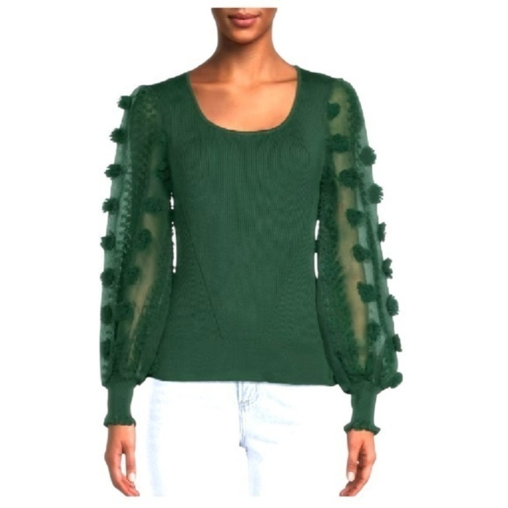Women’s Green Embroidered Balloon Sleeve Ribbed Knit Sweater NWT XL Festive Boho